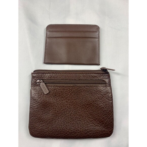 Buxton Zip Coin & Card Case Set w/ Keyring Genuine Brown Pebble Leather 4”x 5" - Picture 1 of 8